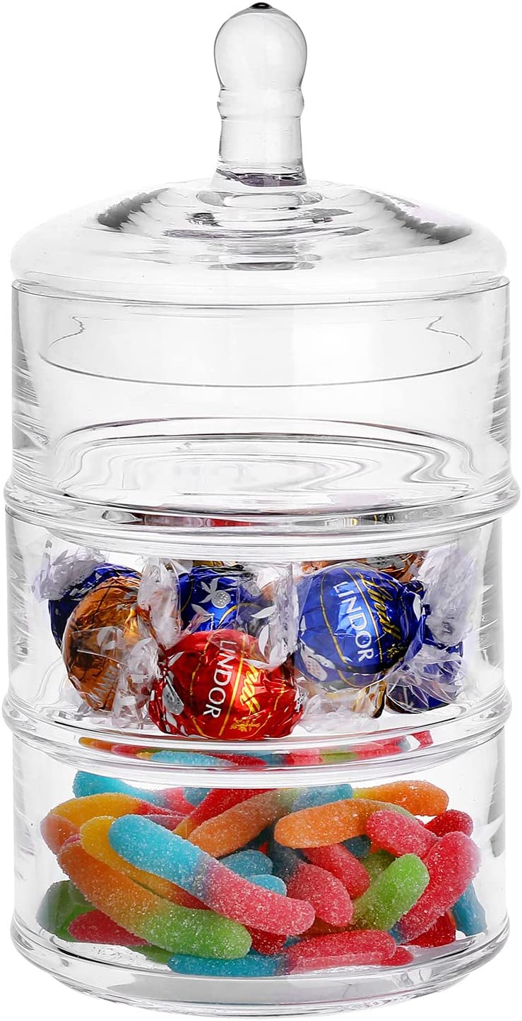 3 Tier Apothecary Glass Stacking Jars, Round Candy Cookie Dessert Holder-MyGift