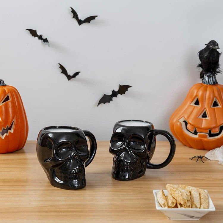 Set of 2, Gothic Novelty Drinkware, Goth Skull Shaped Black Glazed Ceramic Mugs, Halloween Skeleton Head Cups-MyGift