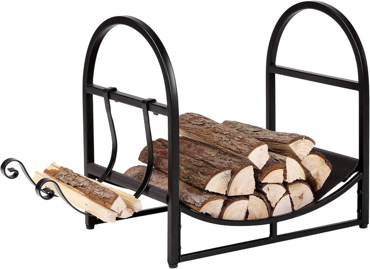 Black Metal Firewood Rack with Dark Brown Leatherette Sling and Removable Extenders, Freestanding Log Kindling Storage-MyGift