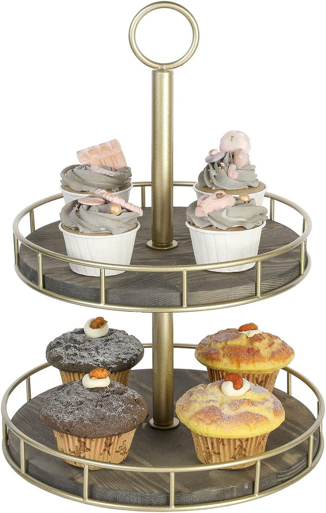 Gray Wood and Matte Black Metal Tabletop Cupcake Holder Server, 2 Tier Dessert Display Riser Stand-MyGift