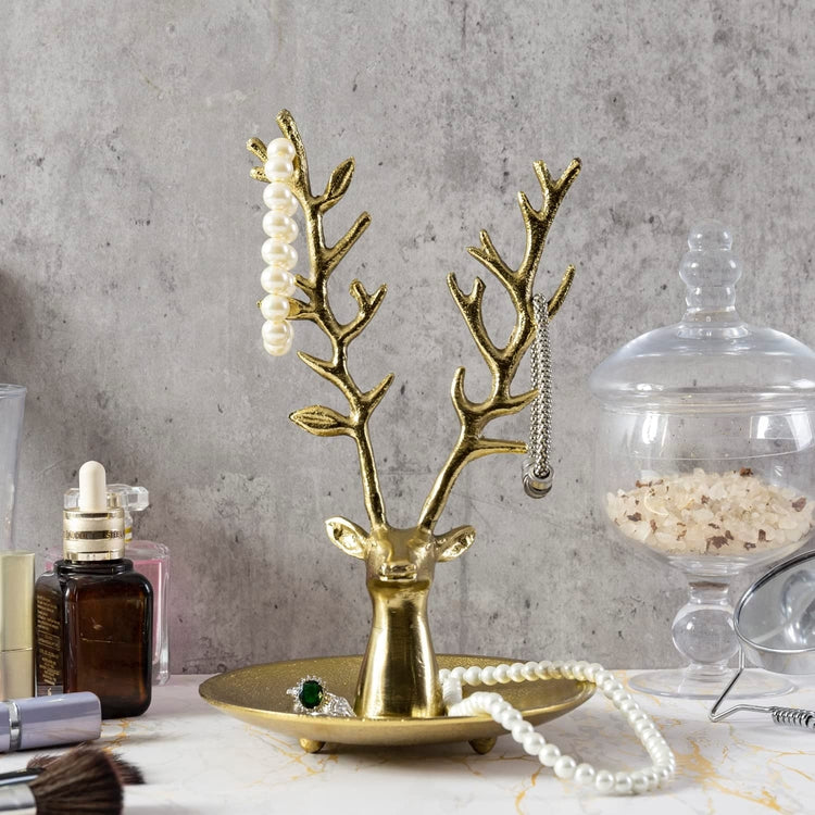 Deer Jewelry Holder Trinket Dish, Brass Tone Metal Reindeer Head Tabletop Ring Tray with Necklace and Bracelet Stand-MyGift