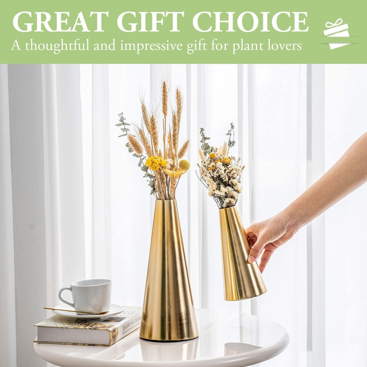 7 and 10.5 Inch Brass Tone Metal Tapered Flower Vases, Tabletop Centerpiece for Floral Arrangements-MyGift