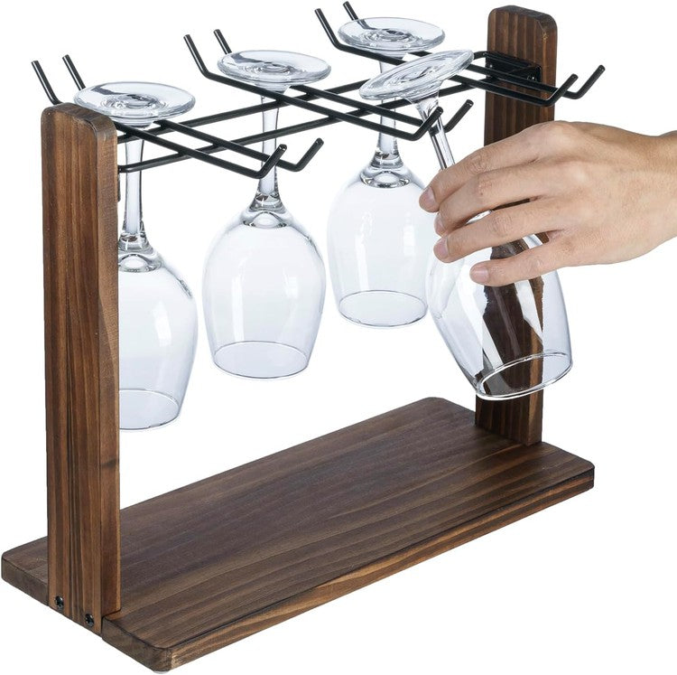 Brown Wood and Black Metal Wine Glass Holder, Drying Rack for Drinking Glasses, Goblets, Flutes-MyGift