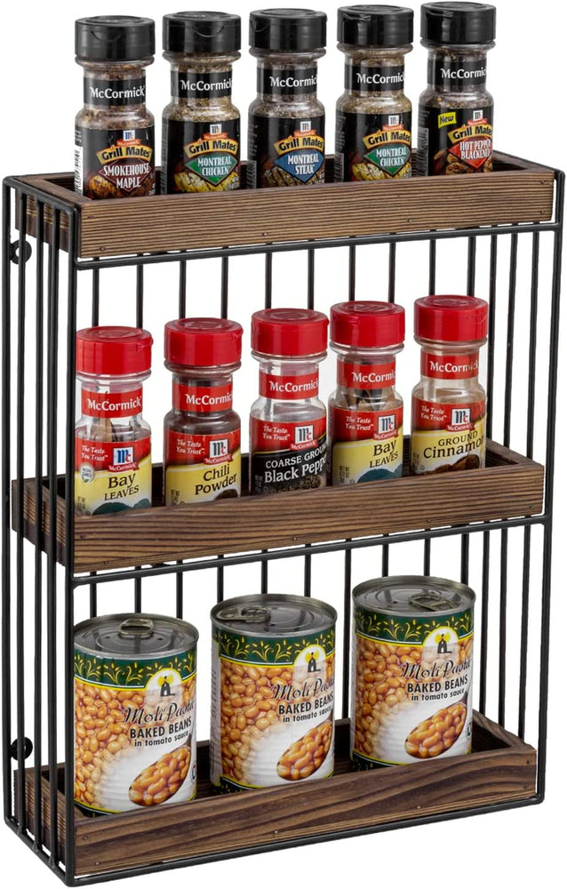 3 Tier Industrial Spice Rack, Matte Black Metal and Burnt Wood Wall Mo –  MyGift