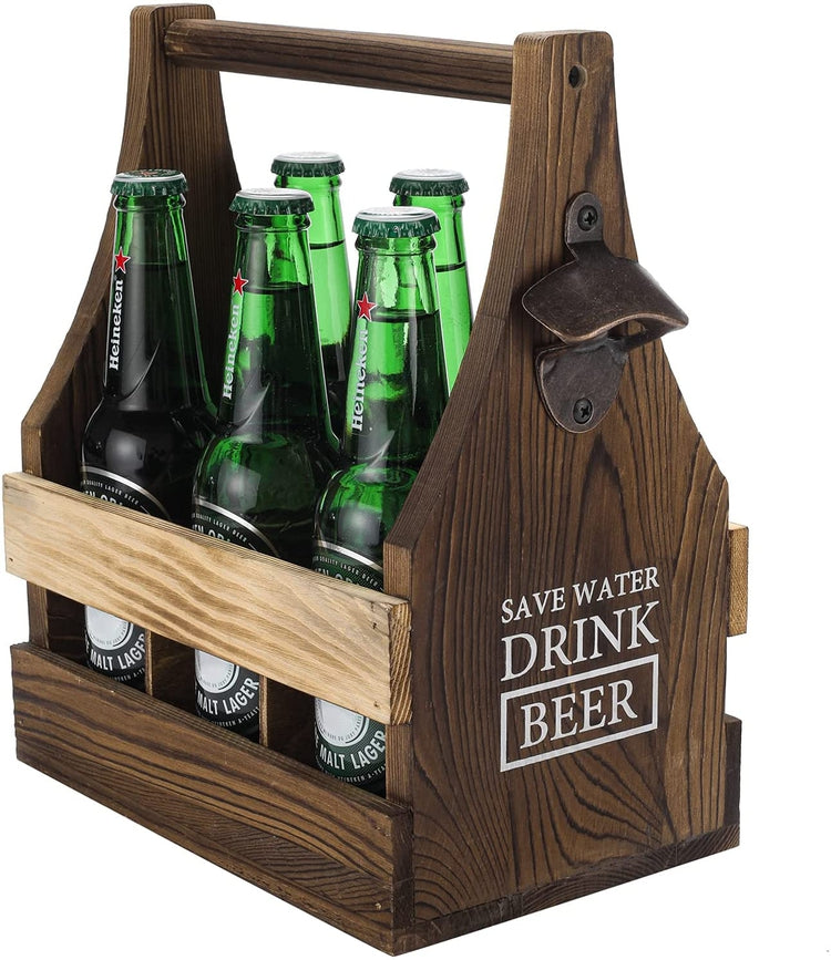 Two-Tone Burnt Wood Bottle Caddy, Six-Pack Beer Carrier with Built-In Metal Bottle Opener and Carrying Handle-MyGift