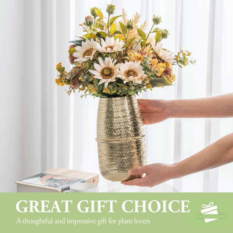 10 Inch Tall Brass Tone Aluminum Metal Flower Vase with Arrow Engraved Woven Pattern, Tabletop Centerpiece Décor-MyGift