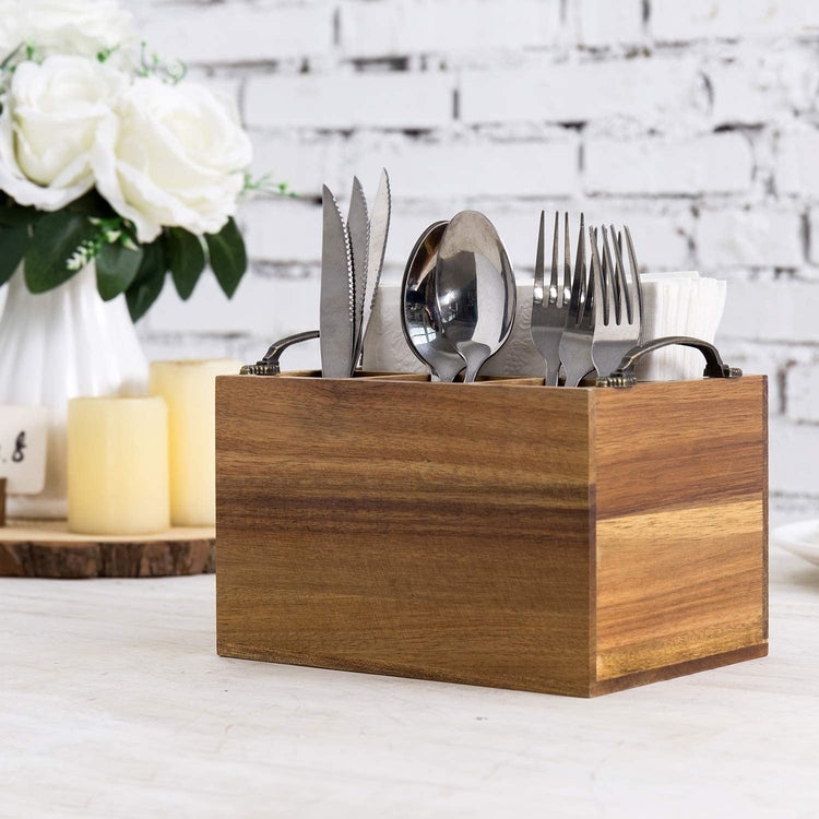 Acacia Brown Wood Dining Utensil & Napkin Holder, Serving Caddy with Metal Handles-MyGift