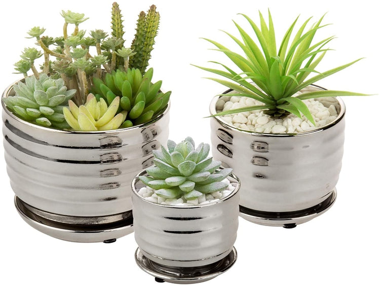 3 Piece Set, Silver Nesting Ceramic Planter Pots with Ribbed Design and Attached Saucers-MyGift