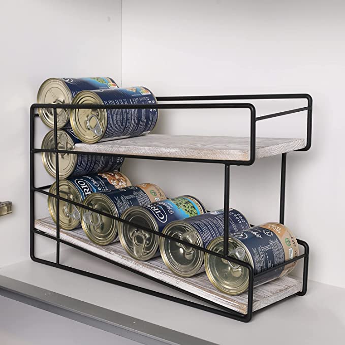 2 Tier Whitewashed Wood and Black Metal Wire Can Rack Organizer, 2-Tier Canned Food Dispenser Storage Organizer Rack-MyGift