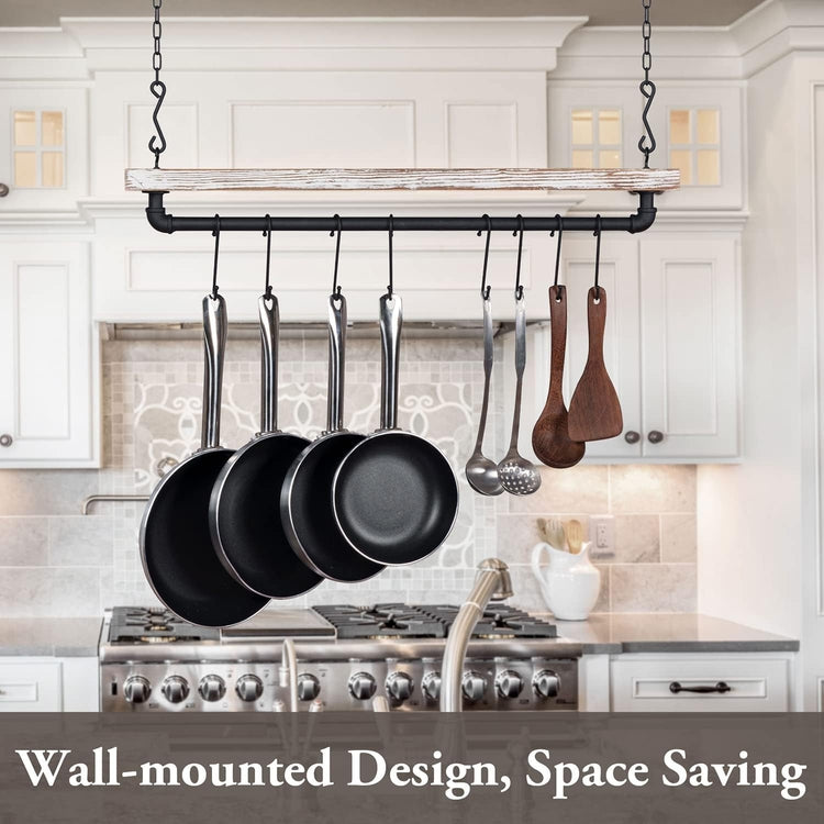 Ceiling Mounted Pot Rack with Industrial Matte Black Metal Pipe and Whitewashed Wood, Hanging Pots and Pan Organizer-MyGift