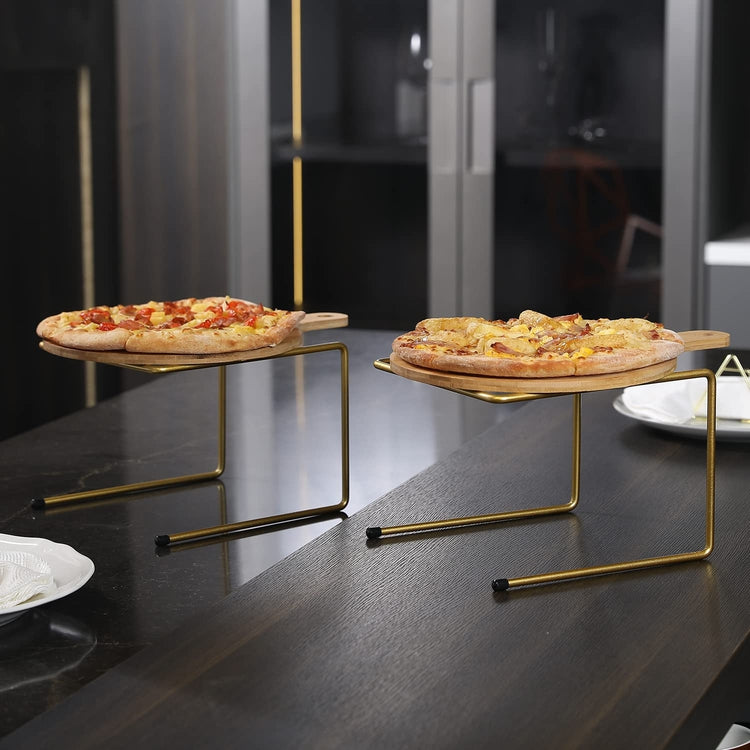 Brass Metal Pizza Table Stands, Tabletop Pizza Pan Riser Food Platter Tray and Display Rack, Set of 4-MyGift