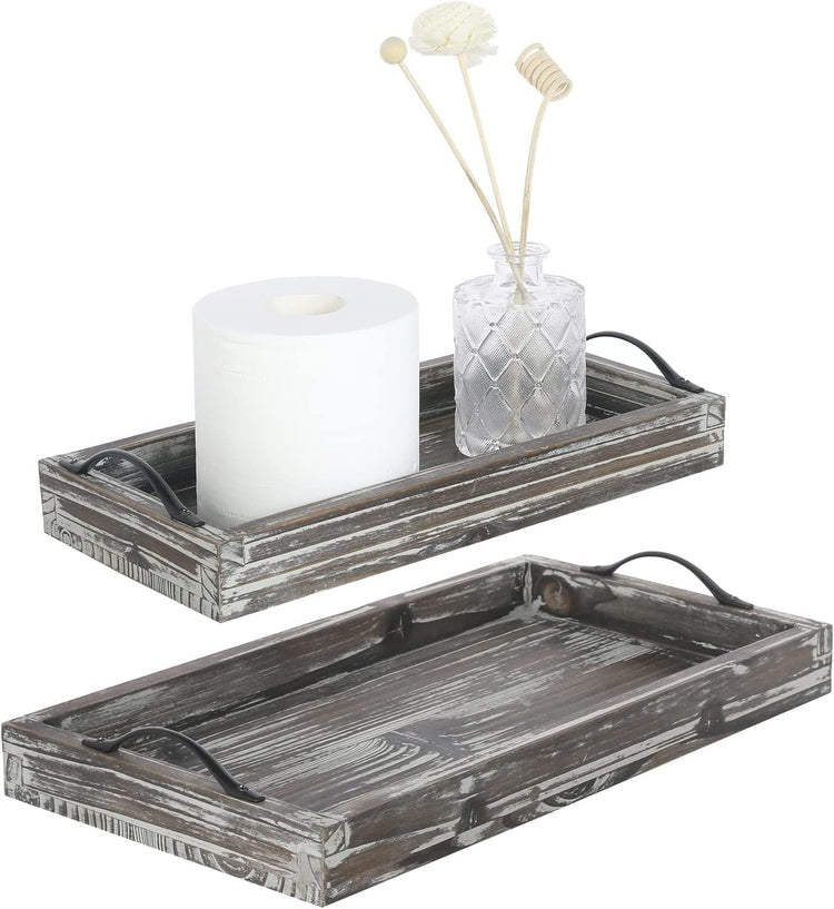 Set of 2, Torched Wood Rectangular Jewelry and Vanity Trays with Matte Black Metal Handles - Small and Large-MyGift