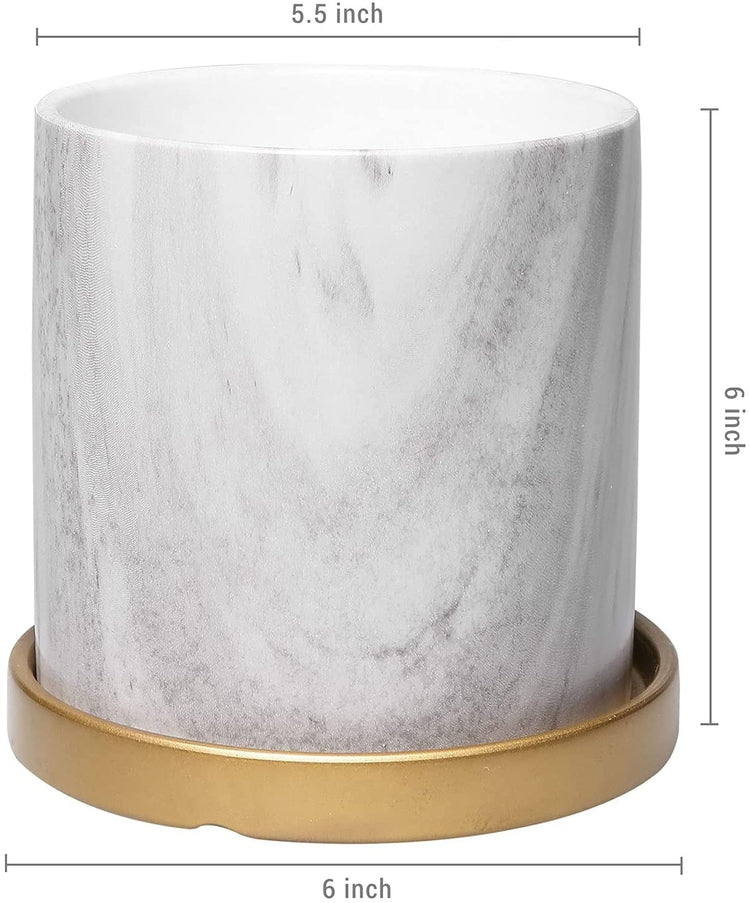 White and Gray, 6-inch Ceramic Marbled Cylindrical Planter Pot with Round Gold Tray-MyGift