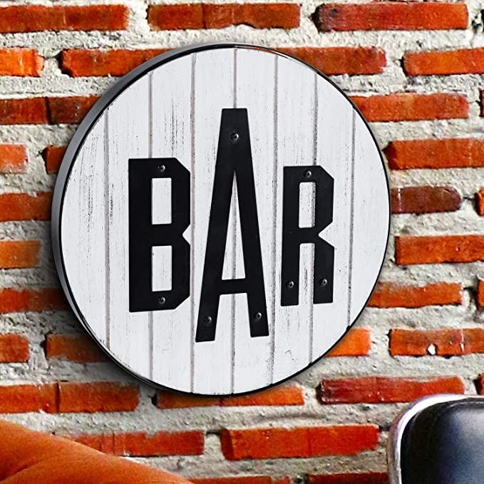 Whitewashed Wood Round Wall Décor Bar Sign with Black Metal Rim and BAR Letters-MyGift