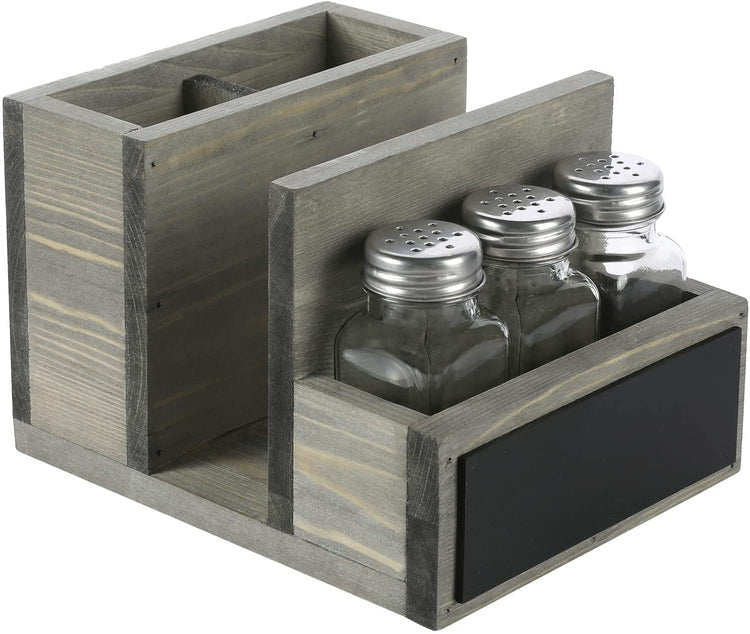 All-in-one Gray Wood Condiment Serving Caddy with Napkin Holder, Dining Utensil Organizer, 3 Salt and Pepper Shakers and Chalkboard Surface-MyGift