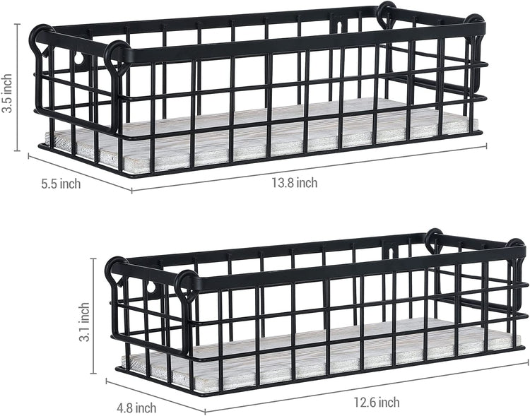 Set of 2, Decorative Storage Baskets with Handles, Black Metal Wire and Whitewashed Wood Rectangular Wall Baskets-MyGift