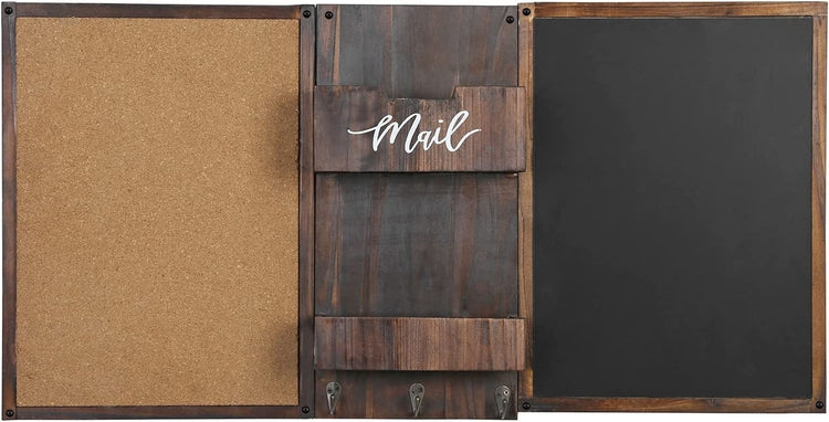 Burnt Wood Wall Mounted Entryway Organizer with Chalkboard, Bulletin Cork Board, Mail Sorter and Key Hooks-MyGift