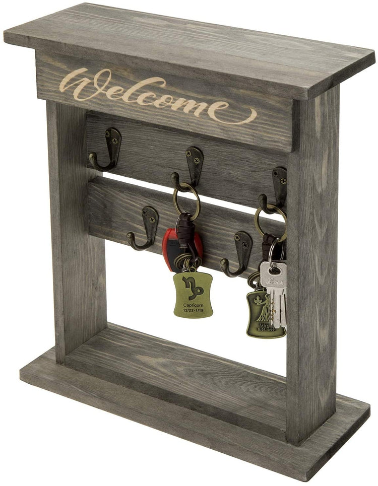 Tabletop Gray Solid Wood Key Organizer Rack with 5 Hanging Hooks and Welcome Sign-MyGift