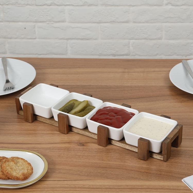 Acacia Wood Serving Tray with Removable Square White Ceramic Ramekins for Dips, Sauces, or Appetizers-MyGift