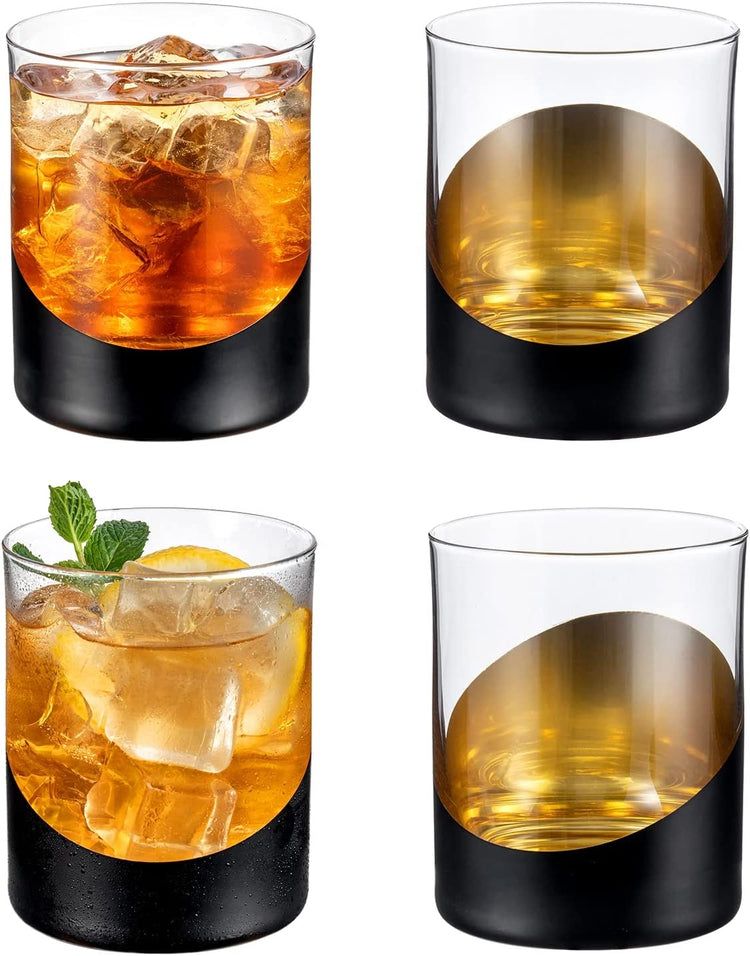Set of 4, 12 oz Matte Black and Gold Designer Cocktail Glasses, Double Old Fashioned Lowball Whiskey Drinking Glass-MyGift