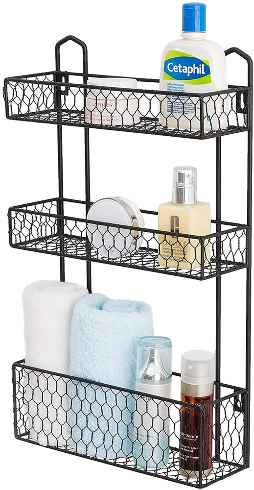 3-Tier Black Chicken Wire Wall Hanging Organizer Shelf, Bathroom Storage Rack-MyGift