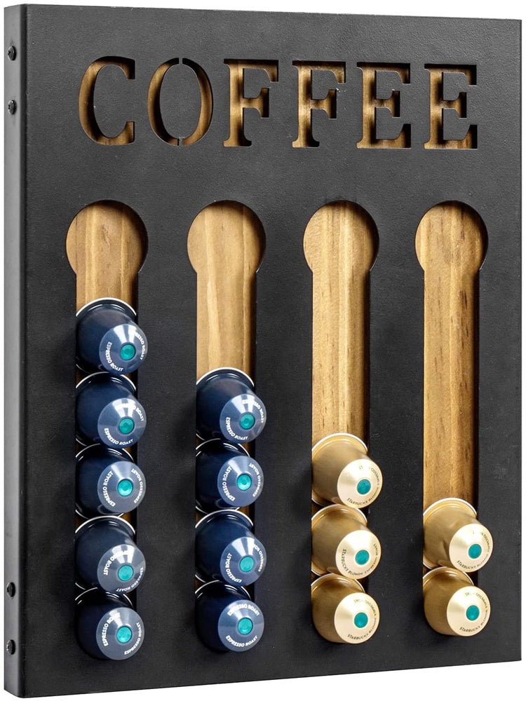 Wall Mounted Coffee Capsule Holder, Burnt Wood Black Metal Coffee Bar Organizer Storage with Cutout COFFEE Lettering-MyGift
