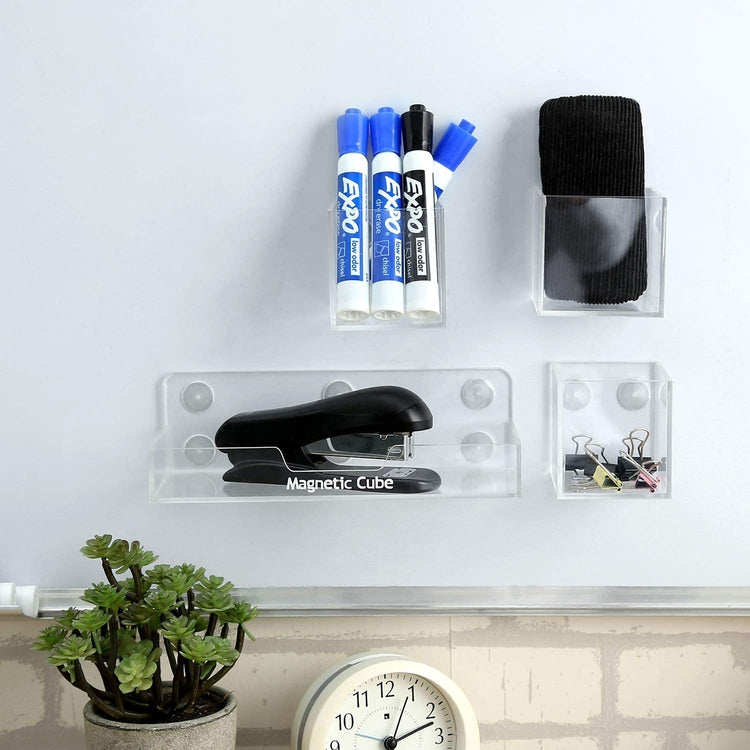 Clear Acrylic Magnetic Dry Erase Whiteboard Marker Holder Set with 1 Tray and 3 Detachable Boxes-MyGift