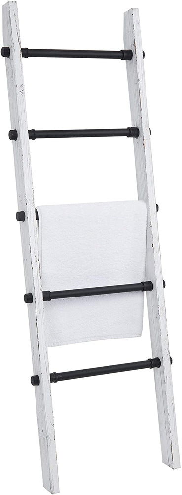 Industrial Pipe and Wood Quilt Blanket Ladder, Whitewashed Towel Storage Stand-MyGift