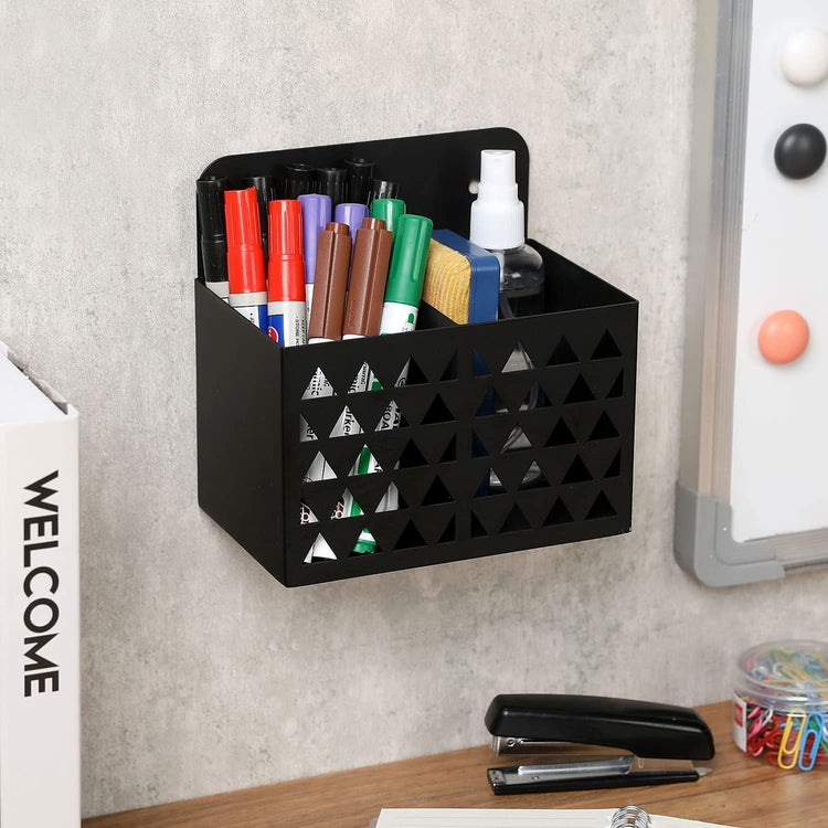 Wall Mounted Black Metal Whiteboard Marker Holder with Triangle Cutouts, Office Supply Storage Bin, Desktop Pencil Cup-MyGift