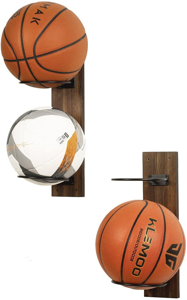 Set of 2, Burnt Wood and Round Black Metal Wall Mounted Sports Ball Holder Display Rack for Sports and Medicine Balls-MyGift