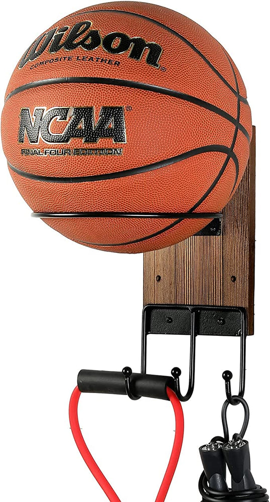 Wall Mounted Matte Black Metal Sports Ball Holder with Rustic Burnt Wood Backing and 3 Utility Storage Hooks-MyGift