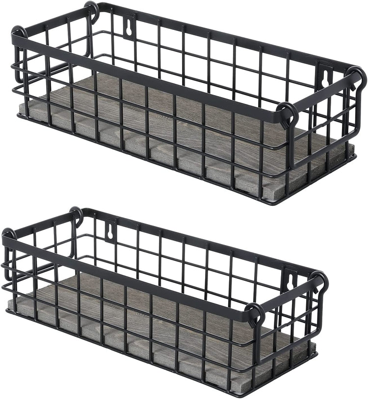 Storage Baskets with Handles, Black Metal Wire and Gray Wood Rectangular Wall Baskets, Set of 2-MyGift