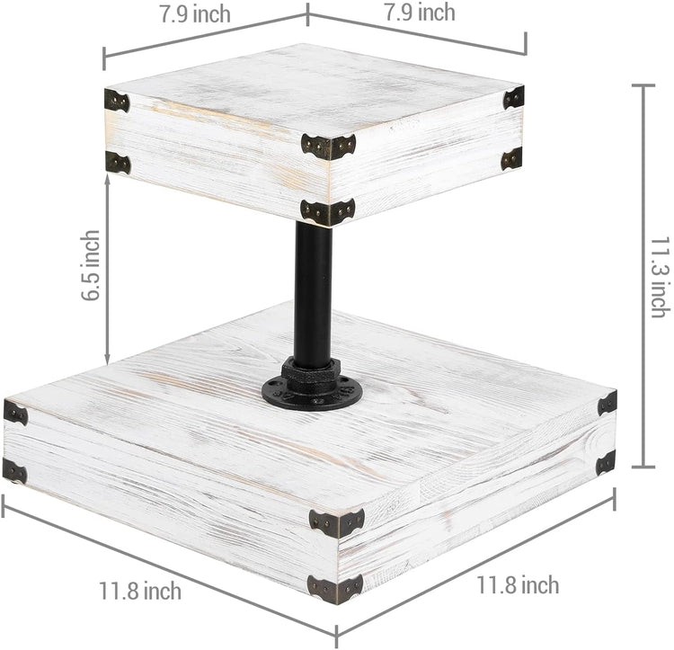 2 Tier Whitewashed Wood Cupcake Stand, Square Wood Tiered Dessert Stands with Industrial Pipe and Metal Corner Accents-MyGift