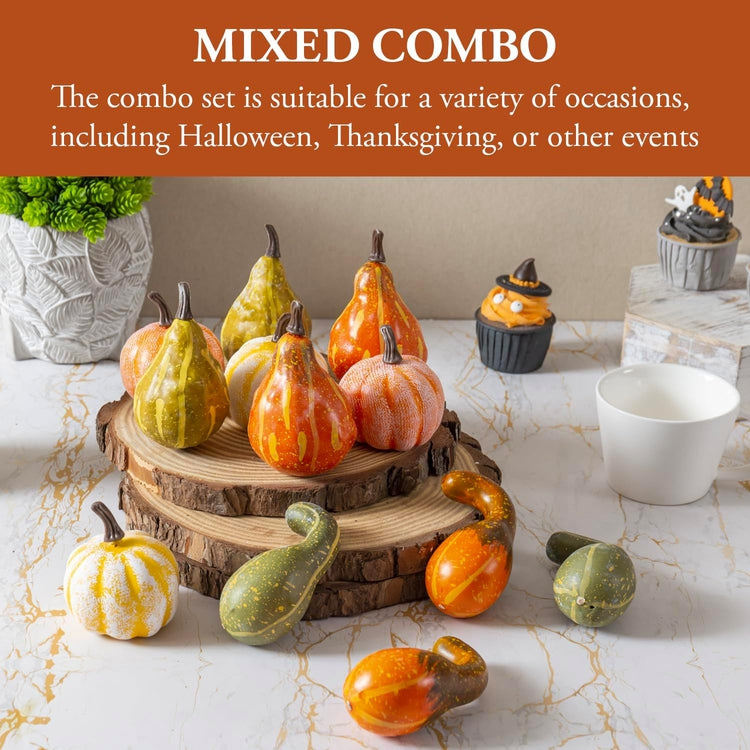Fall Themed Party Decoration for Halloween, Thanksgiving Décor, Including Artificial Pumpkins, Squash, and Gourds Combination Set-MyGift