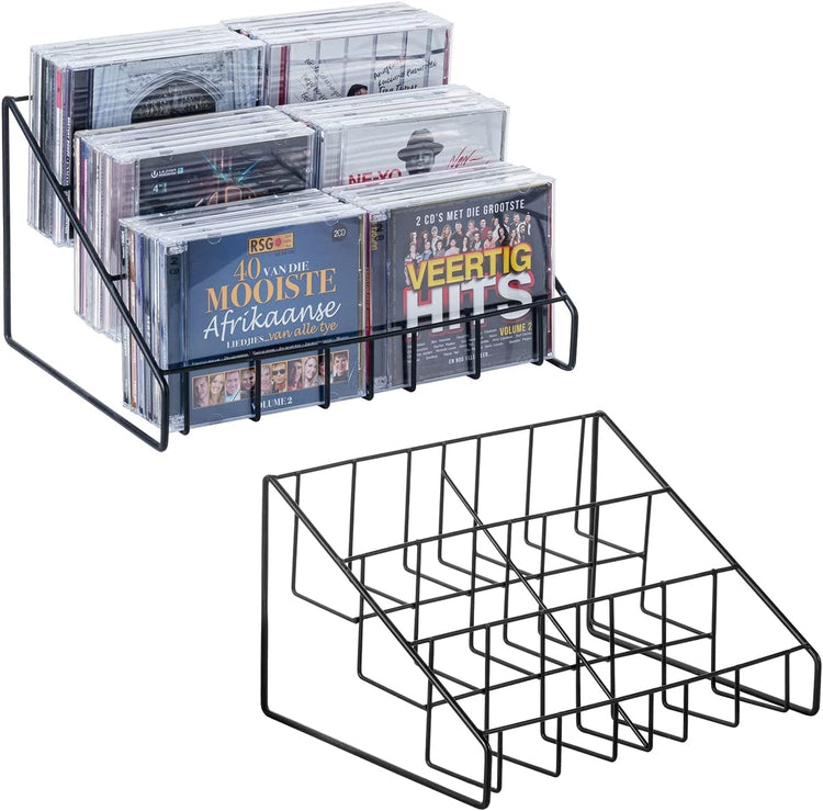 Set of 2, Matte Black Metal Wire CD Storage Stand, Tabletop Compact Disc Jewel Case Holder, Tiered Desk Organizer Rack-MyGift