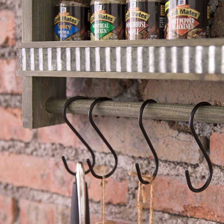 Gray Wood Hanging Spice Rack with Galvanized Metal Accents, Rustic Rope and Cooking Utensil Hooks-MyGift