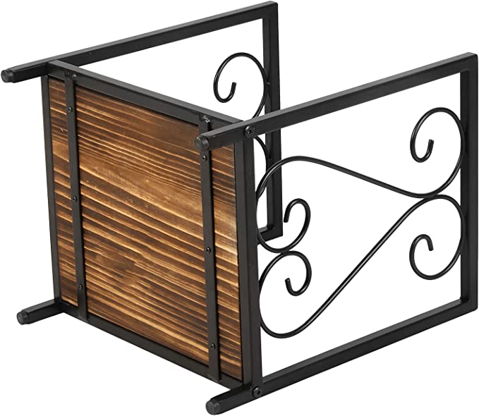 Firewood Rack Fireplace Log Holder, Matte Black Metal & Burnt Solid Wood Freestanding Stacking Lumber Stand-MyGift