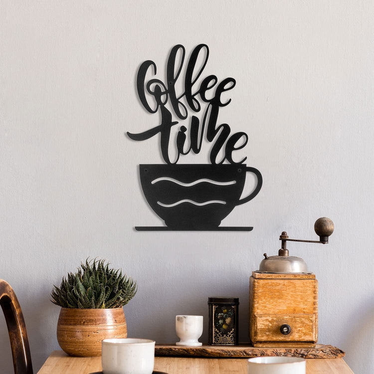 3-D Wall Art, Matte Black Metal Coffee Time Letter Cutout Sign with Coffee Cup, Wall Decor for Kitchen, Cafe, Restaurant-MyGift