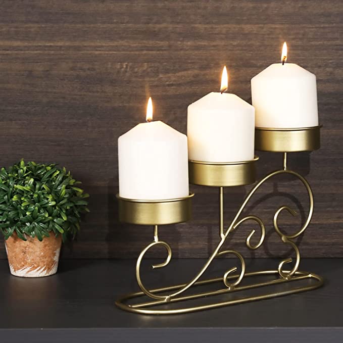 Tabletop Tiered Brass Tone Metal Pillar Candle Holder with Vintage Scrollwork Design-MyGift