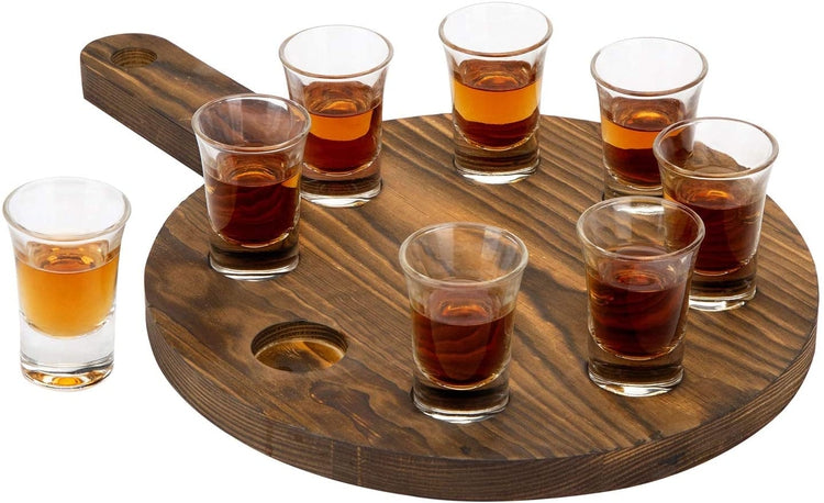 8 Shot Glass Set with Dark Brown Burnt Wood Paddle Holder Server Tray for Parties, Bars, and Housewarming-MyGift