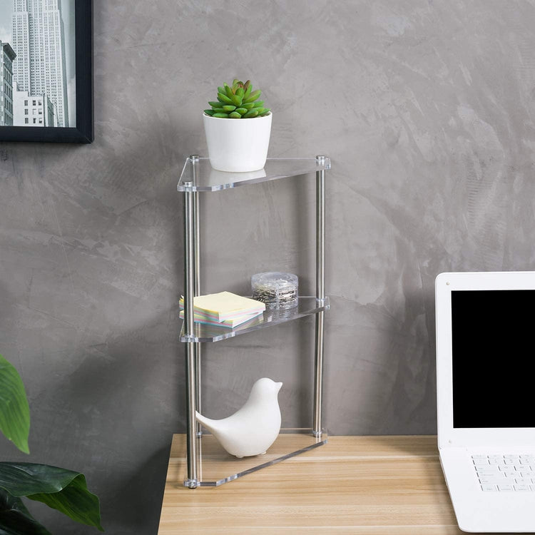 3-Tier Clear Acrylic and Metal Tabletop Corner Retail Display Stand-MyGift