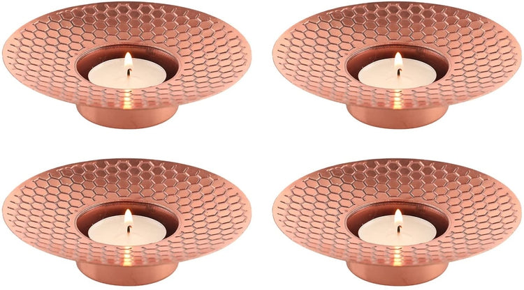 Set of 4, Tealight or Votive Candle Holder, Embossed Hexagon Pattern Metal Copper Tone Candleholder-MyGift