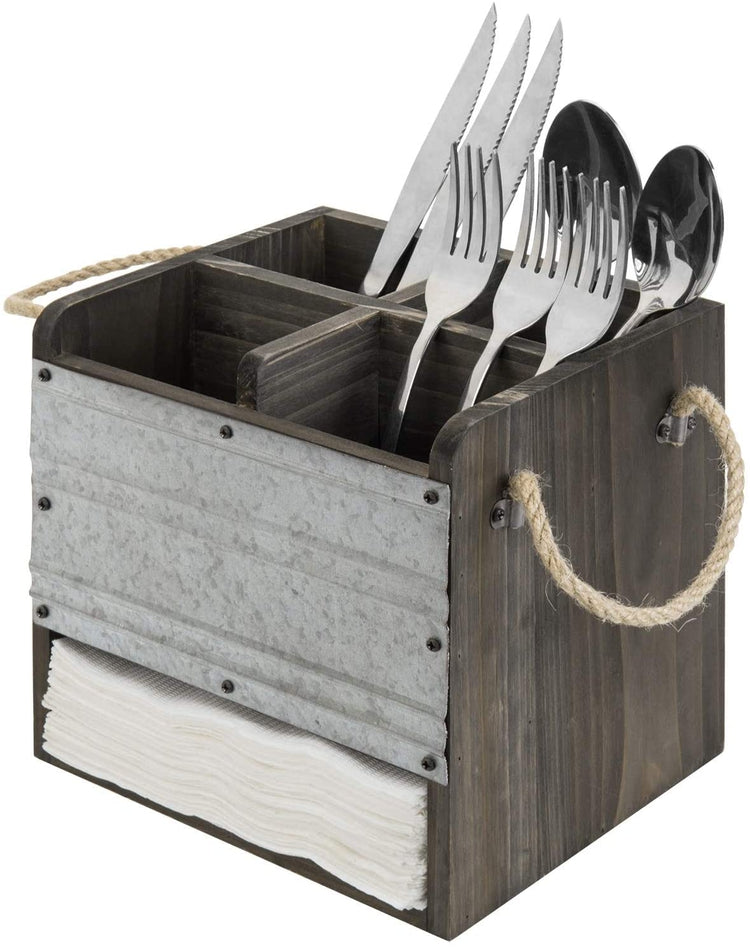 Dark Gray Rustic Wood & Galvanized Metal Dining Utensils Holder Caddy w/ Napkin Slot-MyGift