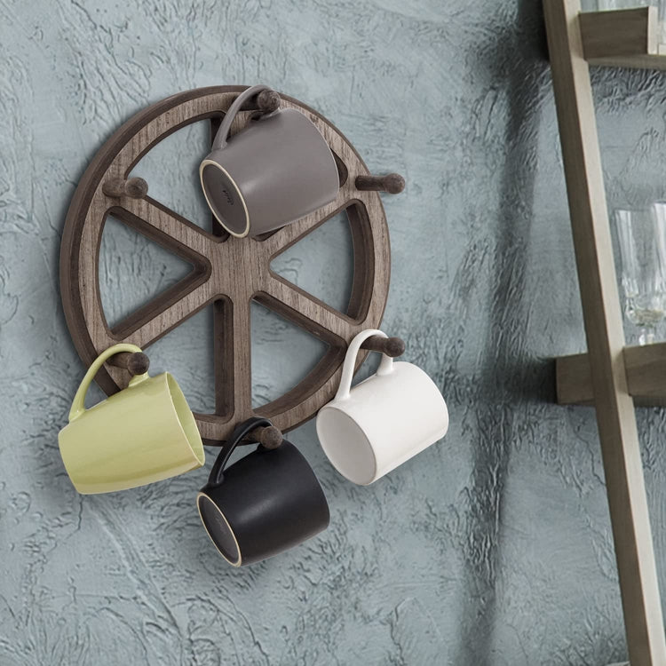 Wall Mounted Mug Holder, Ship Wheel Shaped Hanging Cup Storage Rack, Holds 6 Coffee Mugs-MyGift