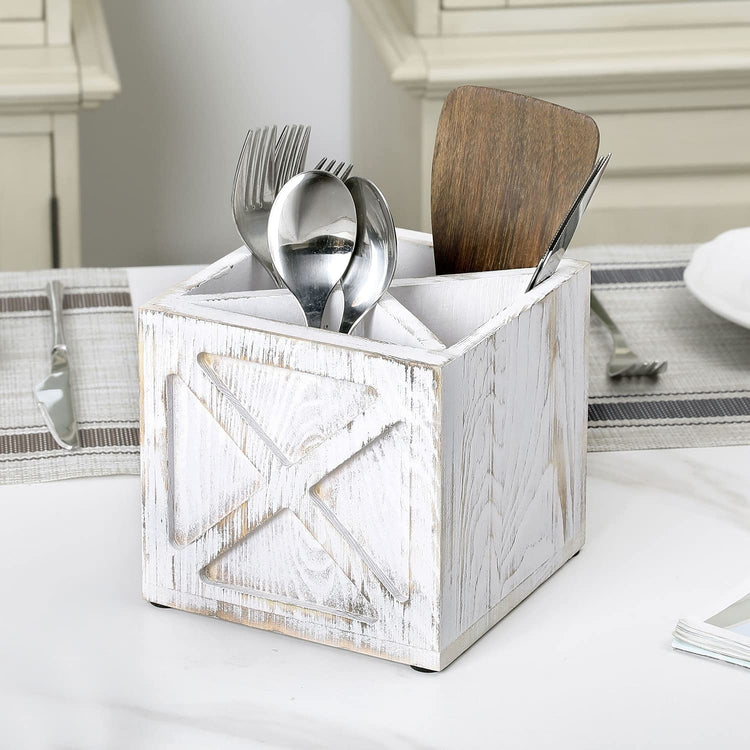 Farmhouse Whitewashed 4 Compartment Dining Utensil Holder, Rustic Wood Flatware Serving Caddy Silverware Storage-MyGift