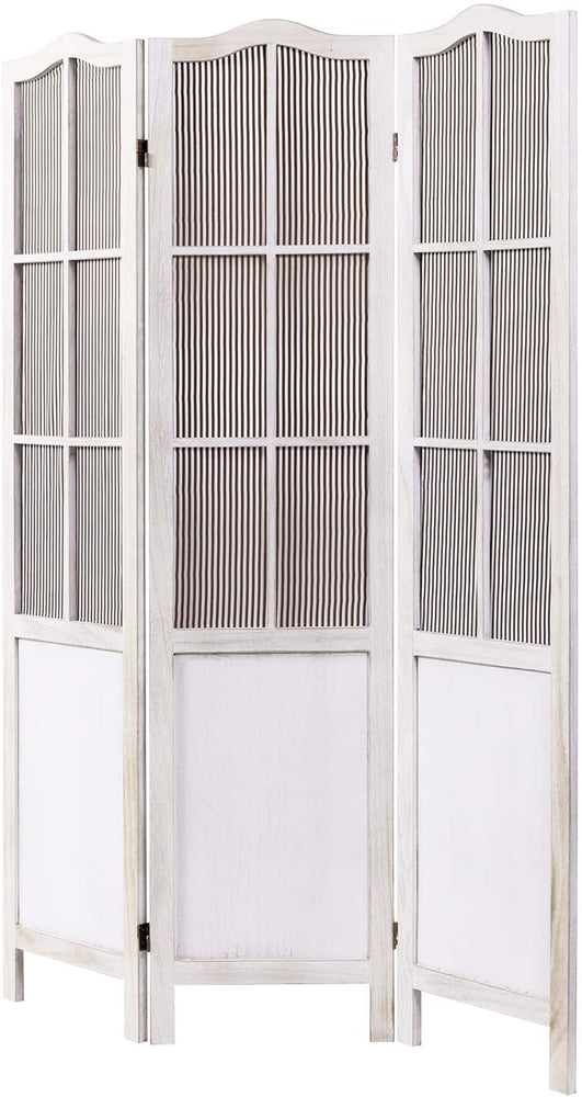 3-Panel Whitewashed Wood Parisian Style Room Divider with Vertical Striped Fabric Screens-MyGift