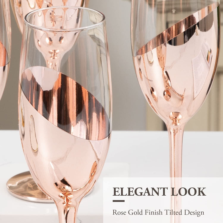Set of 6, Stemmed Champagne Flute Glasses in Rose Gold-Tone Finish-MyGift