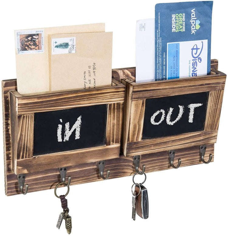 2-Slot Brown Wood Wall Mounted Mail Holder with 6 Key Hooks and Chalkboard Labels-MyGift