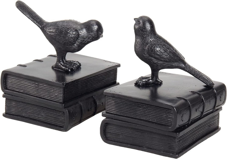 Bookends with Birds and Books, Matte Black Resin Book Supports, 1 Pair-MyGift