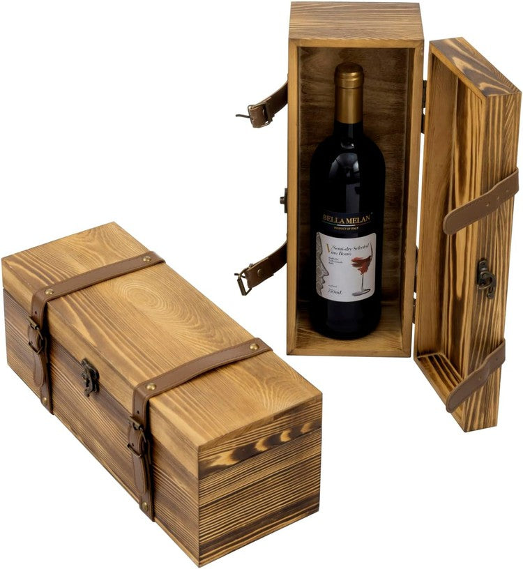 Burnt Wood Wine Gift Boxes, Decorative Box Single Bottle Holder, Set of 2-MyGift